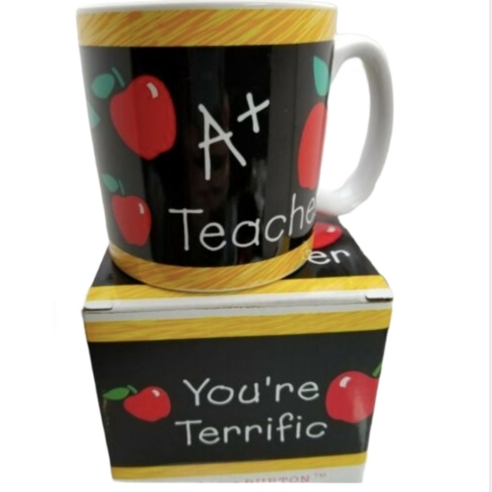 Burton & Burton Teacher Coffee Mug Cup Ceramic Black Yellow Red Apple *